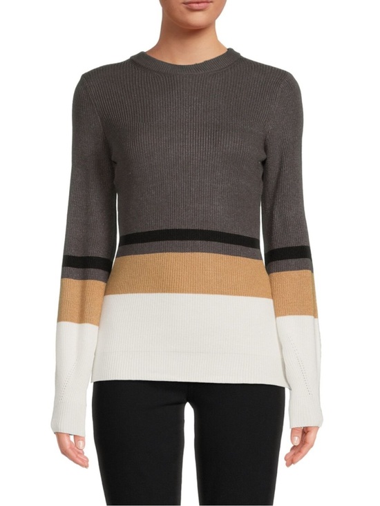 BCBGMaxAzria Sweaters - BCBGMaxAzria Ribbed Colorblock Crew Sweater in Gray, Tan & White
